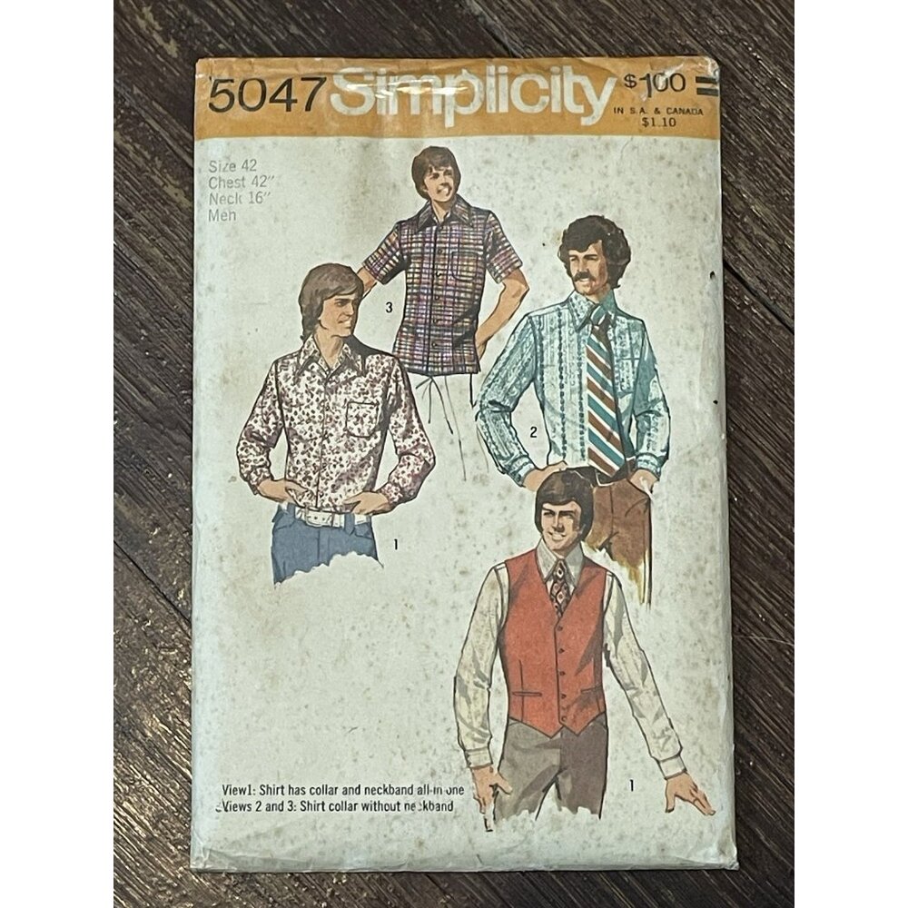 Simplicity 5047 Pattern Vintage 1970s Mens Vest & Shirts Size 42 UNCUT